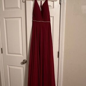 Lulu's Deep V-Neck Burgundy Prom Gown with Beaded Waist